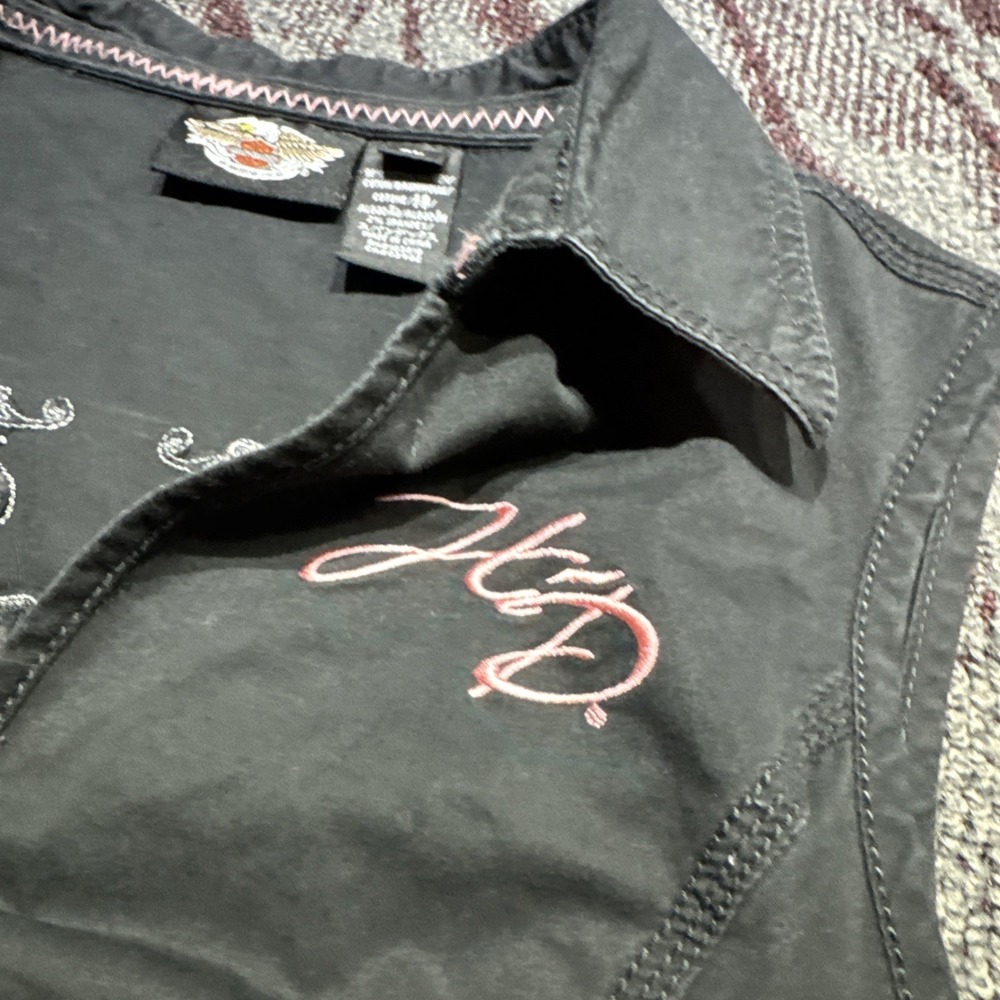 Harley Davidson Womens Black And Pink Jacket Vest Biker Sz XL Embroidered Logo - Picture 2 of 7